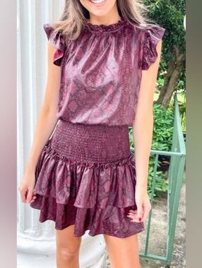 NWT Faux Leather Burgundy Snake-Print Smocked Tiered Ruffle Dress Women's